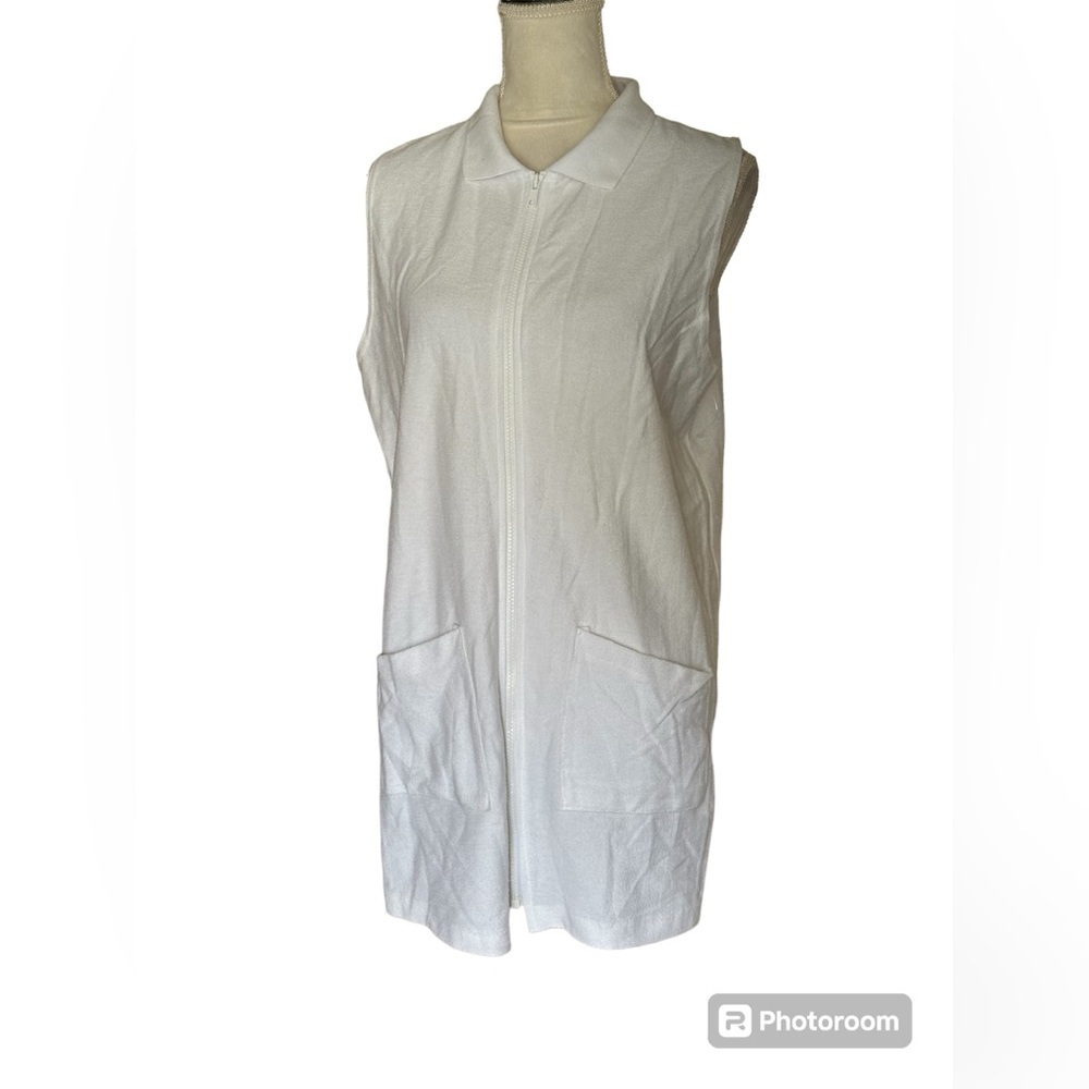 Beach Cover up Sleeveless Full Zip Up Size M Pockets 100% Cotton Modest